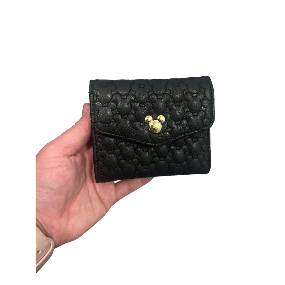 Disney BoxLunch Mickey Mouse Quilted Black Trifold Wallet Gold Tone Accent